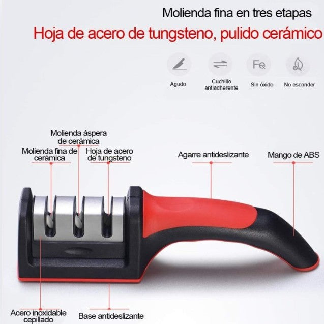 (3X1) AFILADOR DE CUCHILLOS MANUAL 3 NIVELES + EBook Recetas Parrilleras (Gratis)