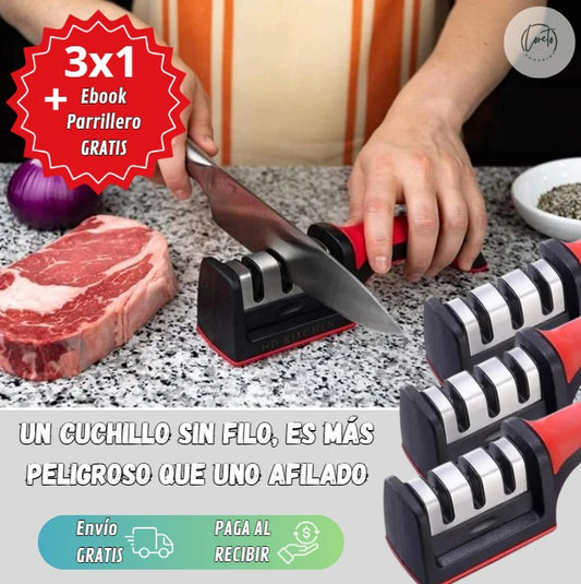 (3X1) AFILADOR DE CUCHILLOS MANUAL 3 NIVELES + EBook Recetas Parrilleras (Gratis)